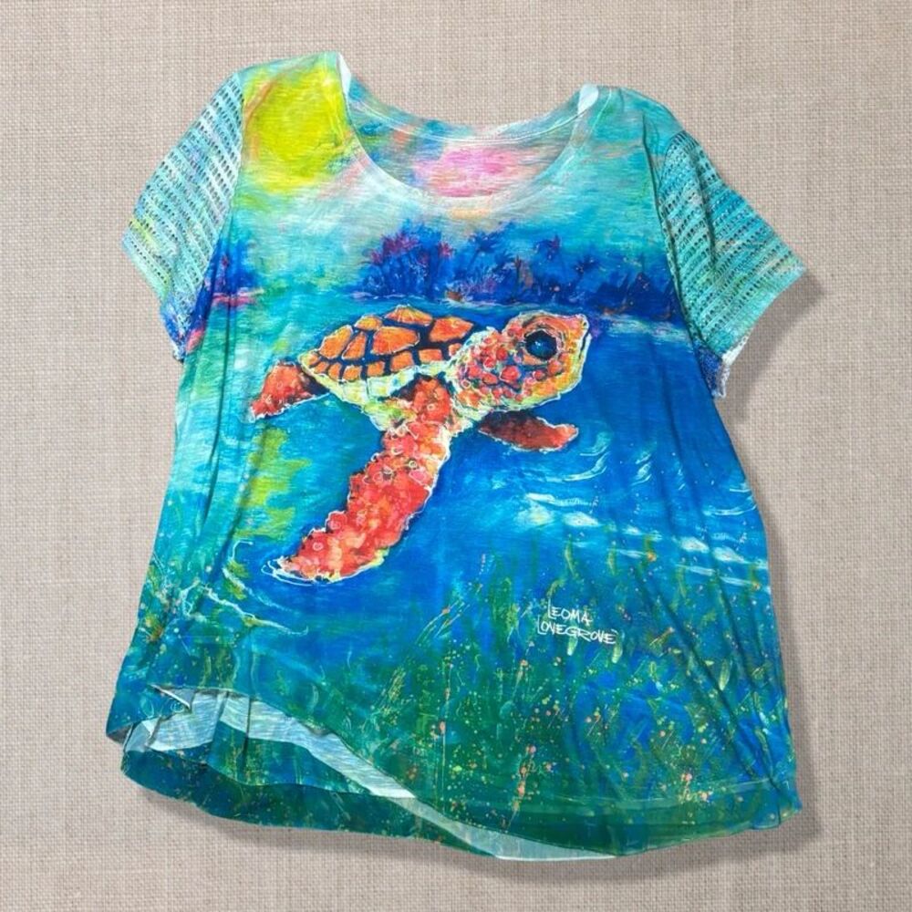 Leoma Lovegrove Women XXL Sea Turtle Art Tunic Top Coastal Ocean Blue